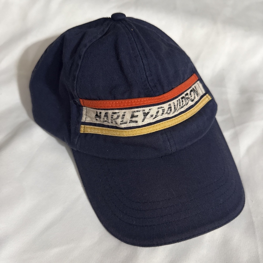 Harley Davidson Men's Navy Strapback Hat Cap Orange Tan Stripe Motorcycle Biker